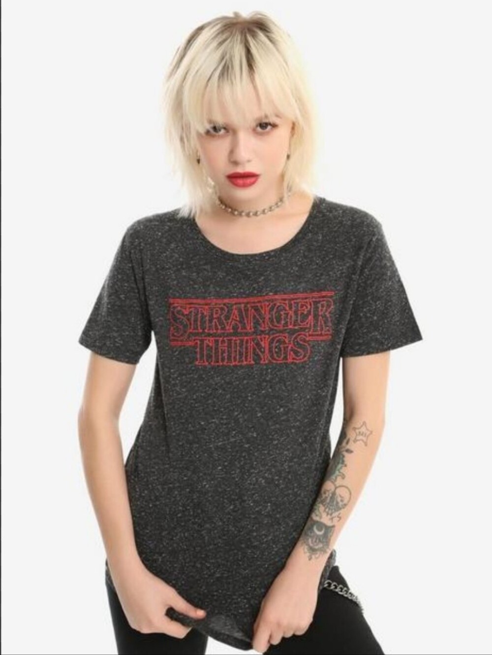 Stranger Things Graphic Short-Sleeve Tee - Black Heather with Red Logo